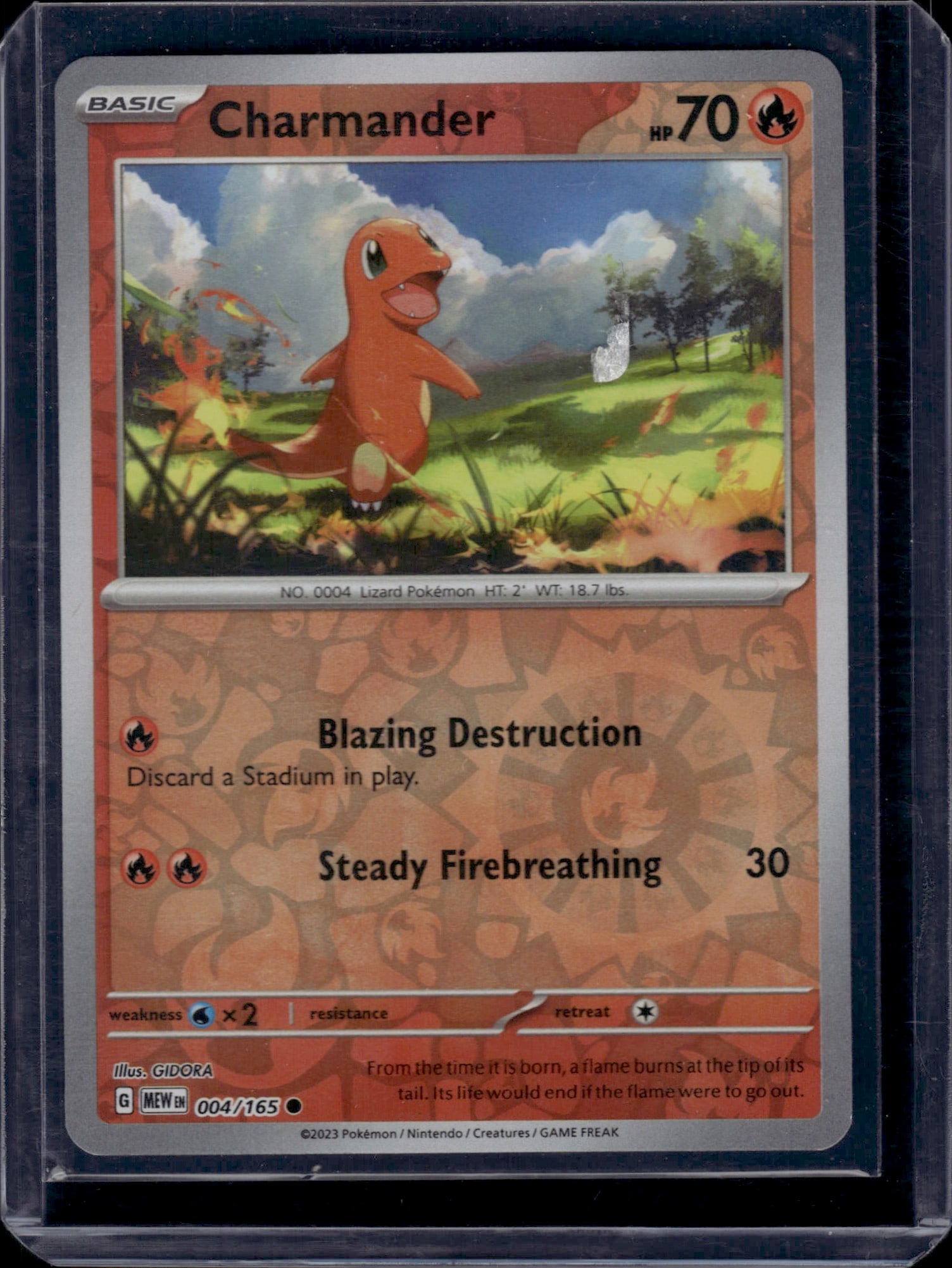 Charmander 004/165 Pokemon Scarlet Violet Base: This is a Charmander Pokemon trading card from the Scarlet & Violet set, card number 004/165. As a Basic Fire-type Pokemon with 70 HP, Charmander features two attacks: Blazing Destruction (which disca