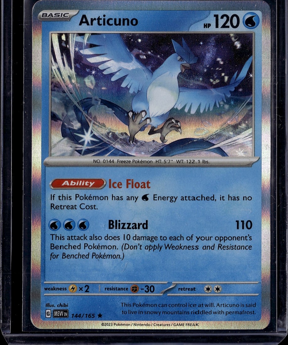 Articuno 144/165 Pokemon Scarlet Violet Holo: This is an Articuno Pokemon trading card from the Scarlet & Violet set, card number 144/165. It features the iconic Freeze Pokemon with its distinctive blue plumage and snowy mountain setting. The car