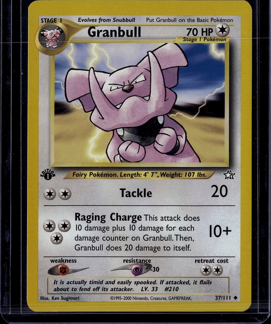 Granbull 37/111 Neo Genesis Stage 1 Pokemon Card: This is an authentic Granbull Stage 1 Pokemon Trading Card from the Neo Genesis set, released in 2000. Card #37/111 features the pink Fairy-type Pokemon with 70 HP and evolves from Snubbull. The card