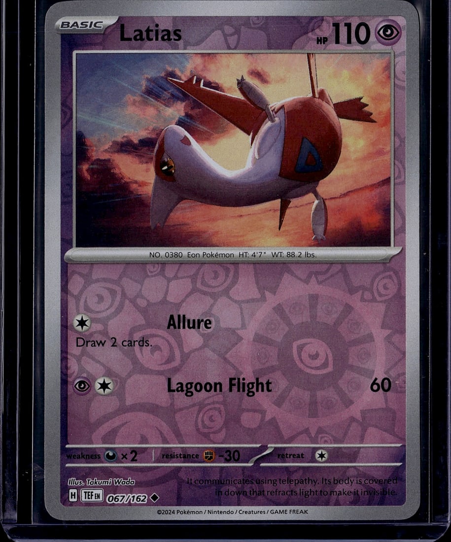 2024 Pokemon Temporal Forces Latias 067/162: This is a 2024 Pokemon Trading Card Game card from the Temporal Forces set, featuring Latias, Eon Pokemon #0380. The card is a Basic Psychic-type with 110 HP and was illustrated by Takumi Wada. The