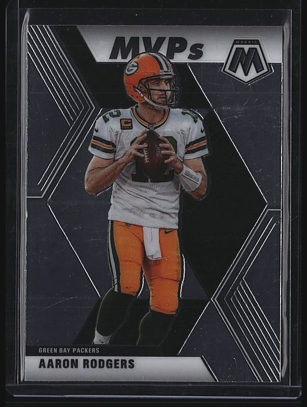 2020 Panini Mosaic Aaron Rodgers #300 MVP: 2020 Panini Mosaic #300 Aaron Rodgers football card featuring the Green Bay Packers quarterback. This raw single displays the MVPs design with geometric hexagonal framing typical of the Mosaic set.