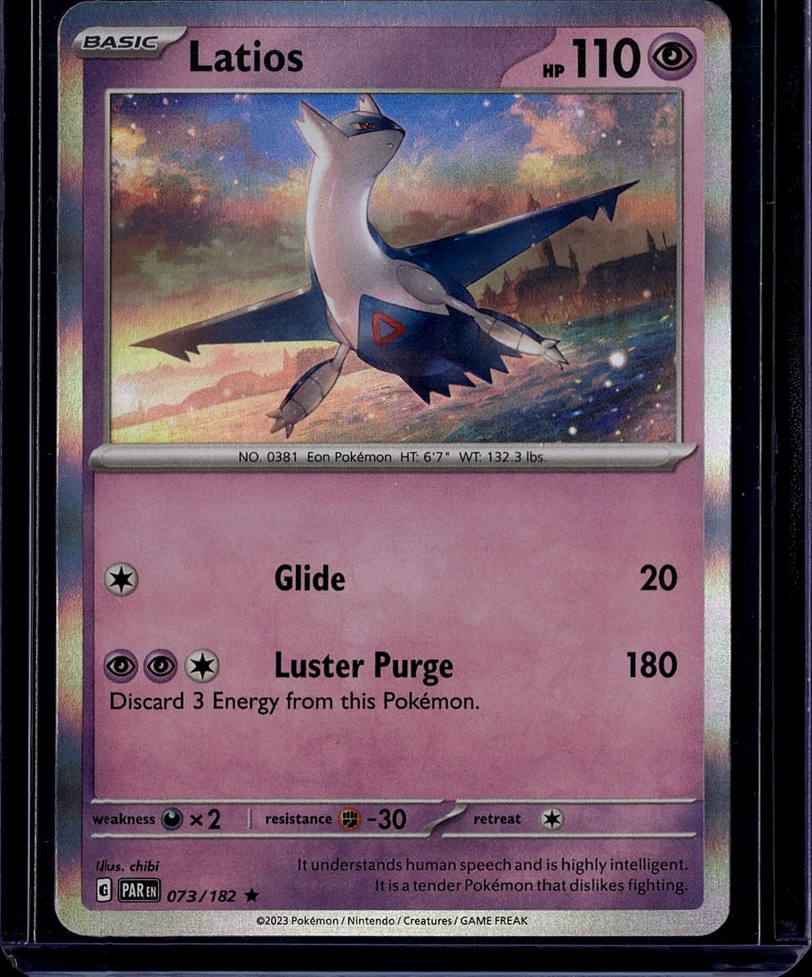 2023 Latios 073/182 Scarlet Violet Paradox Rift: Latios 073/182 is a Rare Basic Psychic-type Pokemon card from the Scarlet & Violet: Paradox Rift set, released in 2023. It is available in both Holo Rare and Reverse Holo finishes.