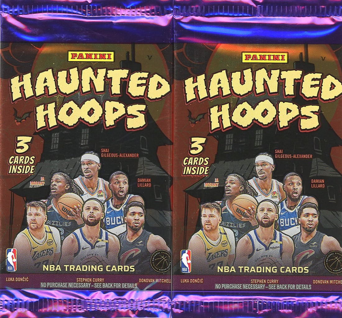 2024-25 Panini Haunted Hoops Basketball Pack: This listing features two sealed Panini Haunted Hoops NBA Trading Card packs, each containing 3 cards inside. The Halloween-themed packaging prominently displays several NBA stars including Luka Donci