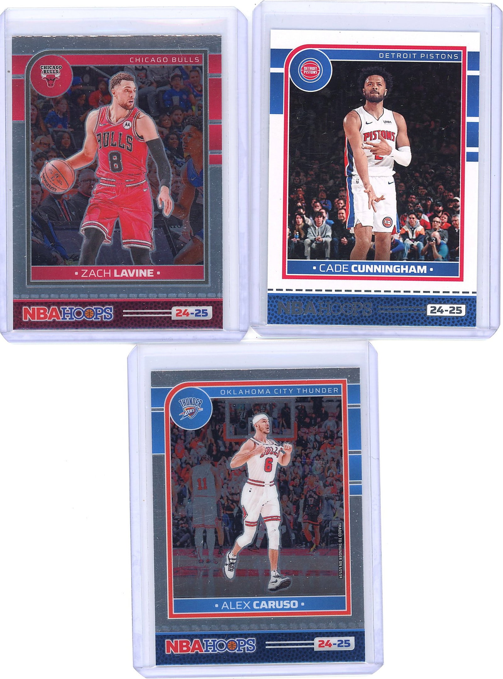 2024-25 Panini NBA Hoops Basketball 3-Card Lot: This lot contains three 2024-25 Panini NBA Hoops basketball cards featuring Chicago Bulls guard Zach LaVine (No. 155), Detroit Pistons guard Cade Cunningham (No. 194), and Oklahoma City Thunder guard