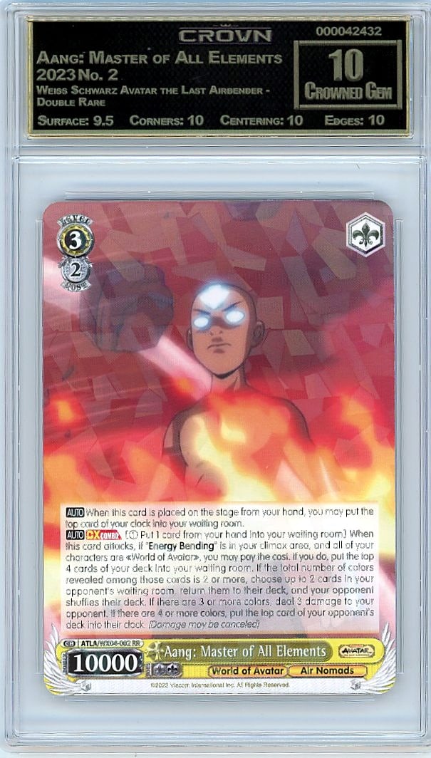 2023 Aang: Master of All Elements Weiss Schwarz: Graded by Crown Grading. Grade: 10.00. Crowned Gem
