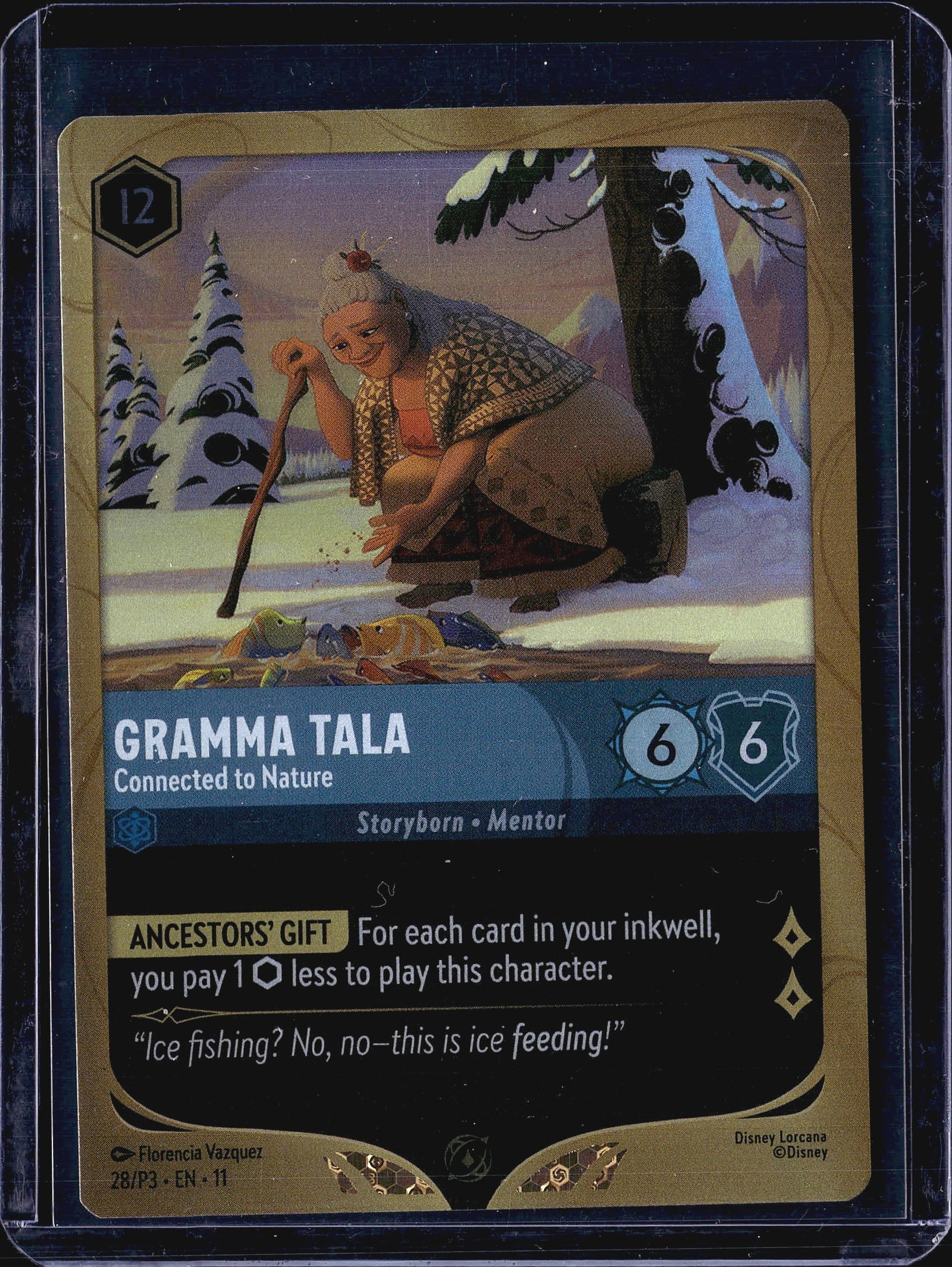 Disney Lorcana Gramma Tala Connected to Nature: This listing is for the Disney Lorcana trading card game single featuring Gramma Tala - Connected to Nature, card number 28/P3 from the EN-11 promo set. The card is classified as Storyborn Mentor