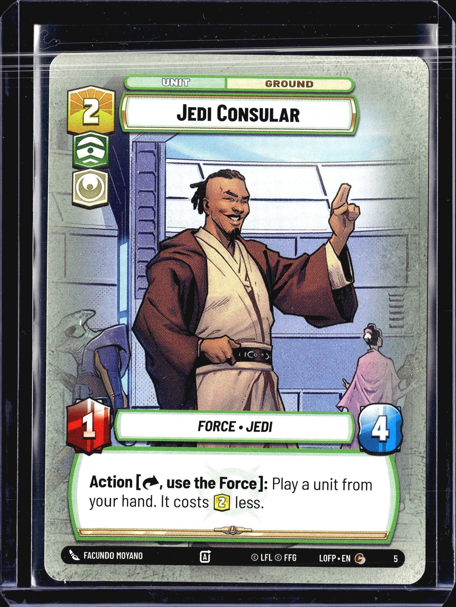 2024 Fantasy Flight Games Legends of the Force: This listing is for the Jedi Consular (card #5) from the Star Wars Unlimited trading card game set Legends of the Force (set code LOFP). This is a Ground Unit card with the Force Jedi subtypes,