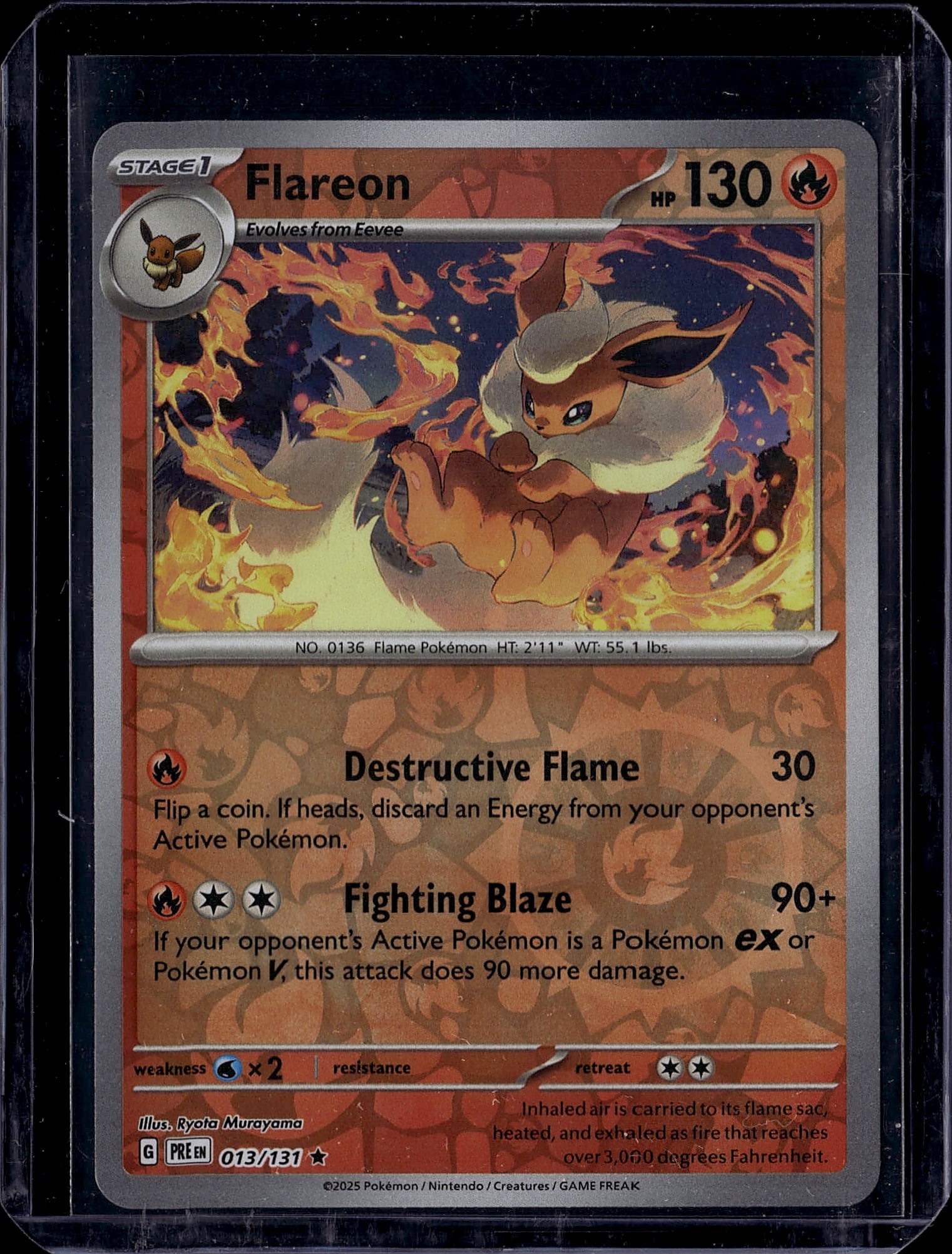 Flareon 013/131 Pokemon Scarlet Violet Stage 1: This is a raw Pokemon TCG single from the Scarlet & Violet set featuring Flareon, a Stage 1 Fire-type Pokemon that evolves from Eevee. Card number 013/131 with 130 HP, this card showcases excellent