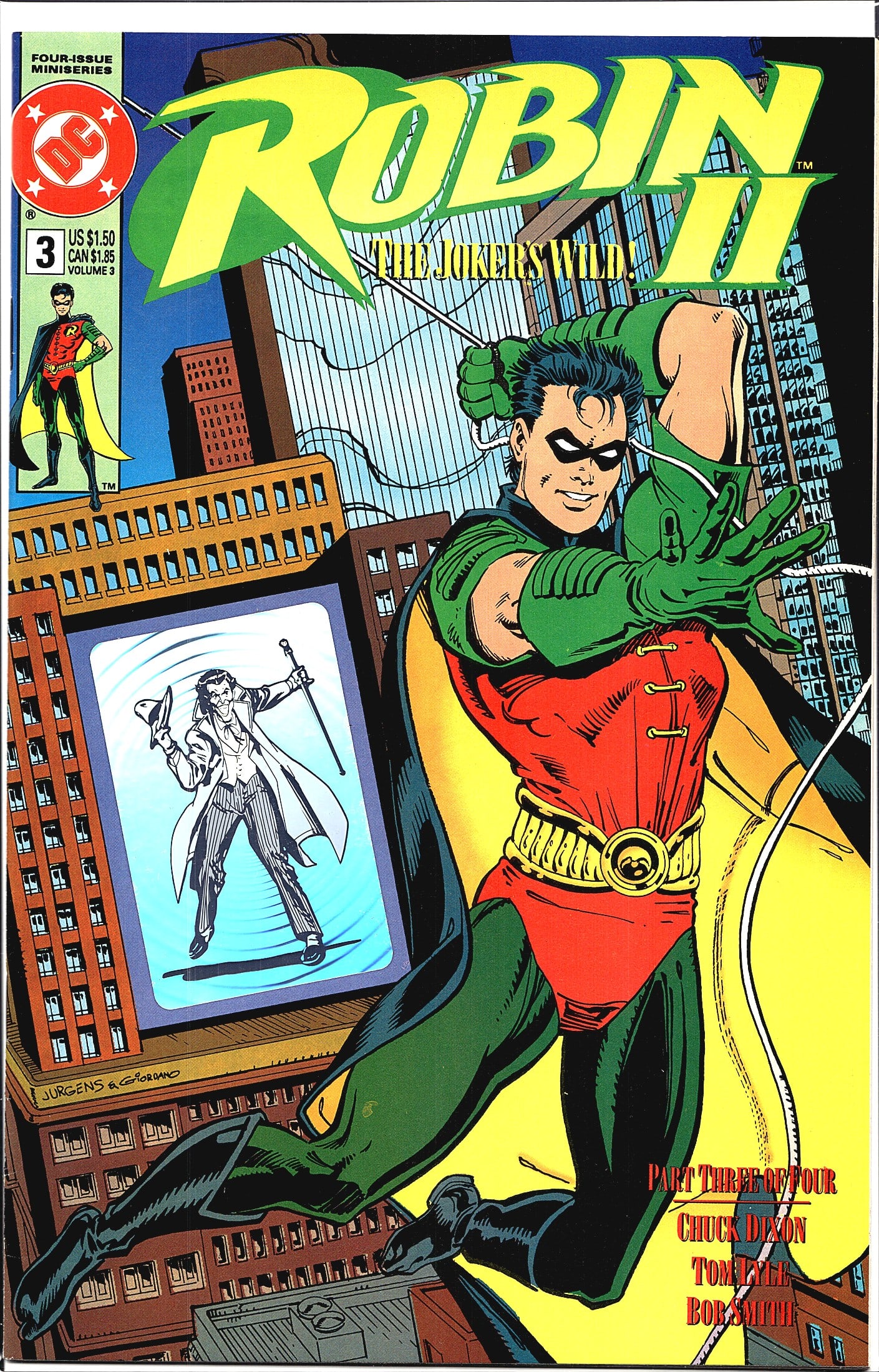 1992 DC Comics Robin II The Joker's Wild #3: This is issue #3 of the four-issue DC Comics miniseries Robin II: The Joker's Wild, part three of four. The cover art is credited to Jurgens and Giordano and features Robin in his classic costume swin