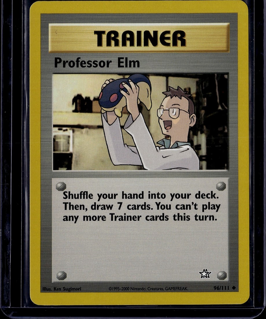 2000 Pokemon Neo Genesis Professor Elm 96/111: This is an original Professor Elm Trainer card from the early Pokemon Trading Card Game, illustrated by Ken Sugimori and published by Nintendo, Creatures, and GAMEFREAK in 1995. Card #96/111 features
