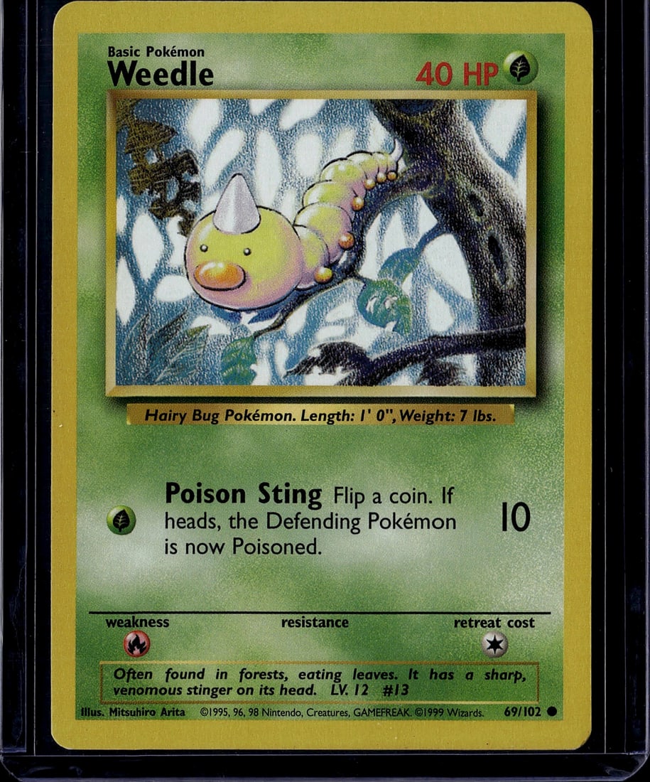 1999 Pokemon Base Set Weedle #69/102 Card: This is an authentic 1999 Pokemon Trading Card Game Base Set Weedle card, card number 69/102. Weedle is a Basic Hairy Bug Pokemon featuring the iconic attack "Poison Sting," which flips a coin to