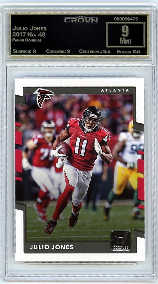 2017 Julio Jones Panini Donruss #48 Crown 9 Mint: This is a 2017 Julio Jones card from the Panini Donruss set, card number 48. It has been professionally graded and encased in a protective slab by Crown, one of the leading grading companies in the