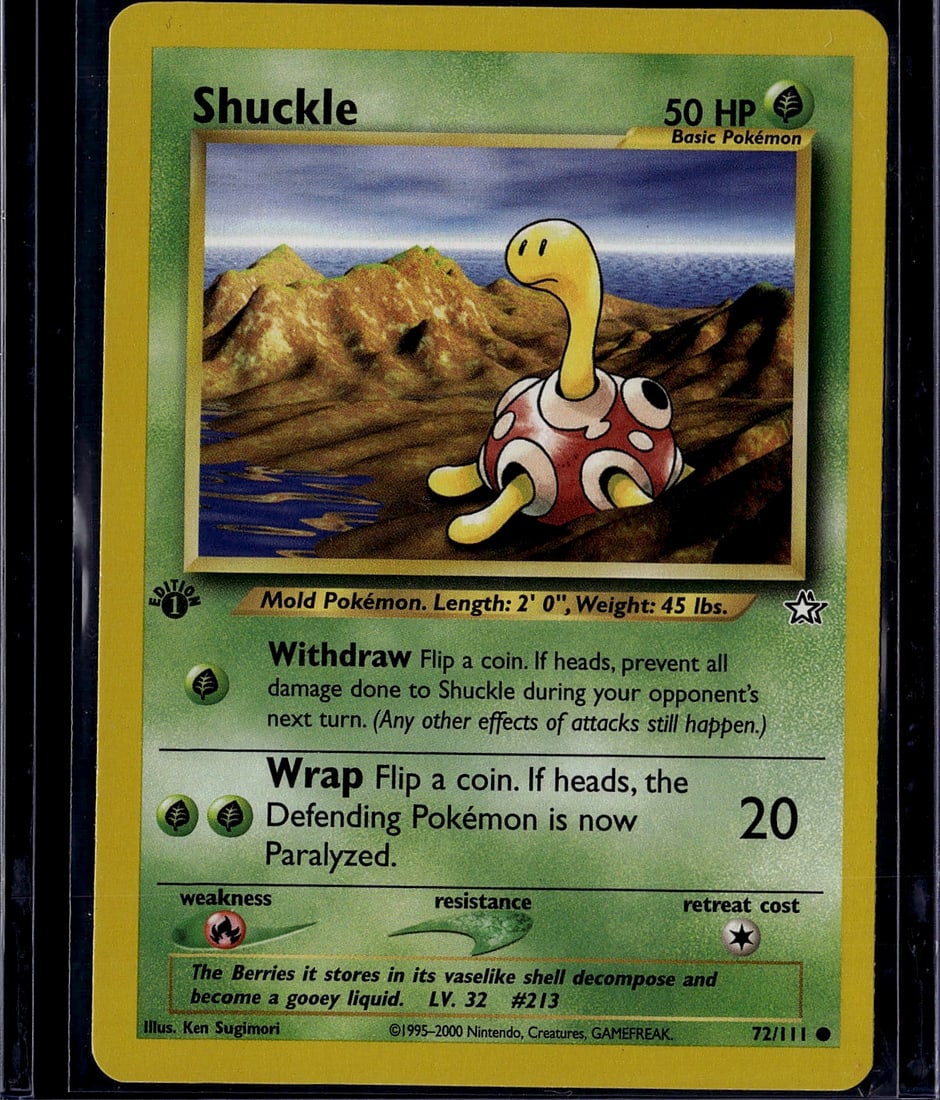 2000 Pokemon Neo Genesis Shuckle 72/111 Card: This is an authentic Shuckle Pokemon Trading Card from the Neo Genesis set, released in 2000 by The Pokemon Company. Card number 72/111, this Basic Pokemon features the iconic Mold Pokemon with 50 HP