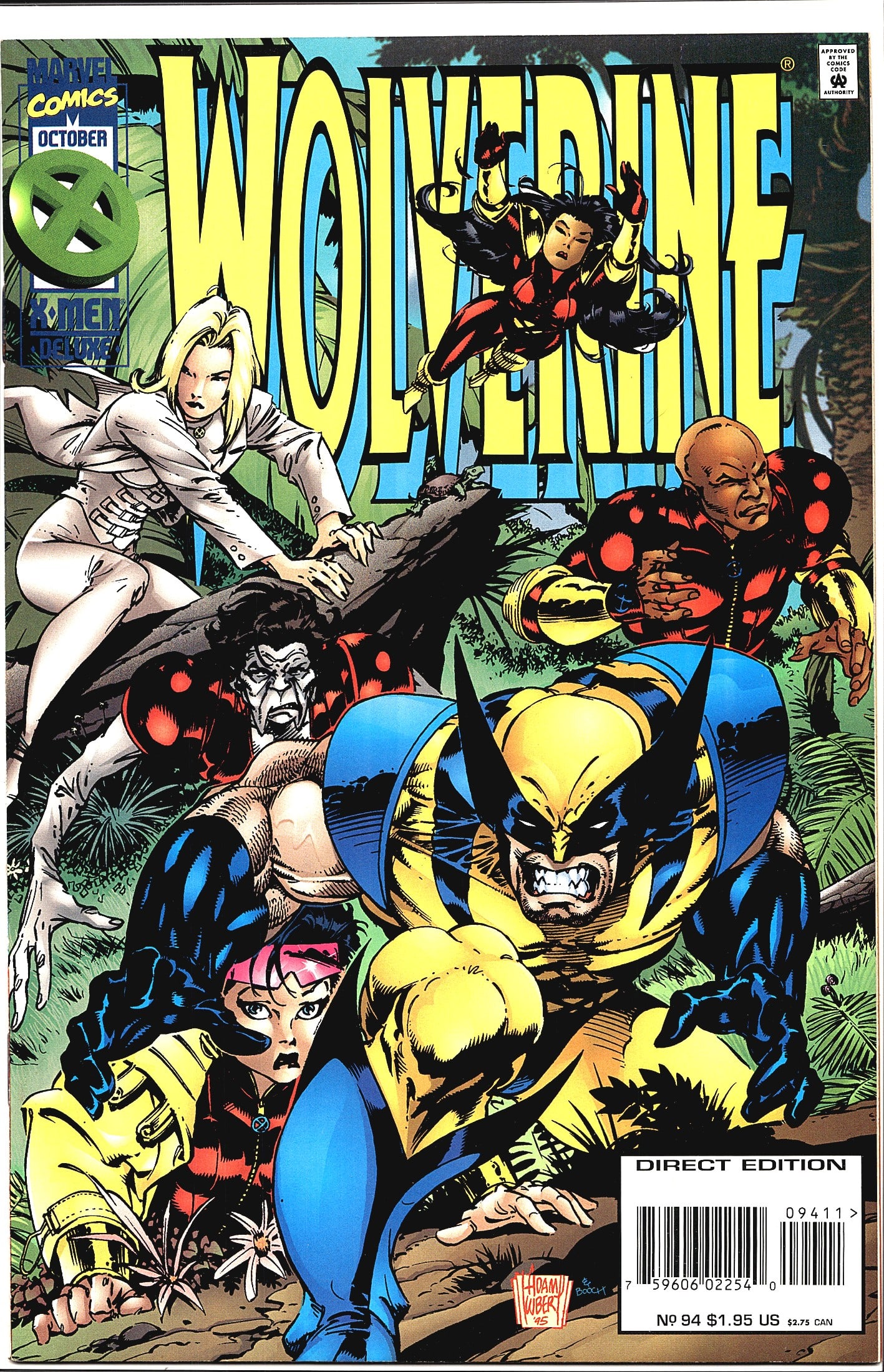 1995 Marvel Wolverine #94 Comic Book Collectible: This is Wolverine #94 published by Marvel Comics, dated October 1995, as part of the X-Men Deluxe line. The cover features Wolverine in his classic blue and yellow costume charging forward, flanked