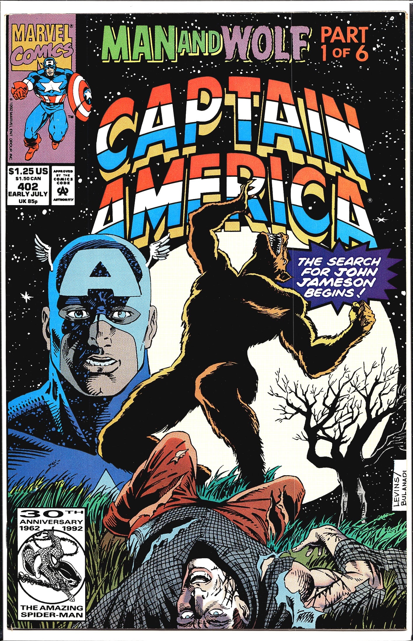 1992 Marvel Comics Captain America #402 Comic: Captain America #402 from Marvel Comics, published Early July 1992, priced at $1.25 US / $1.50 CAN / 85p UK. This issue launches the 'Man and Wolf' storyline, Part 1 of 6, featuring the search for Joh