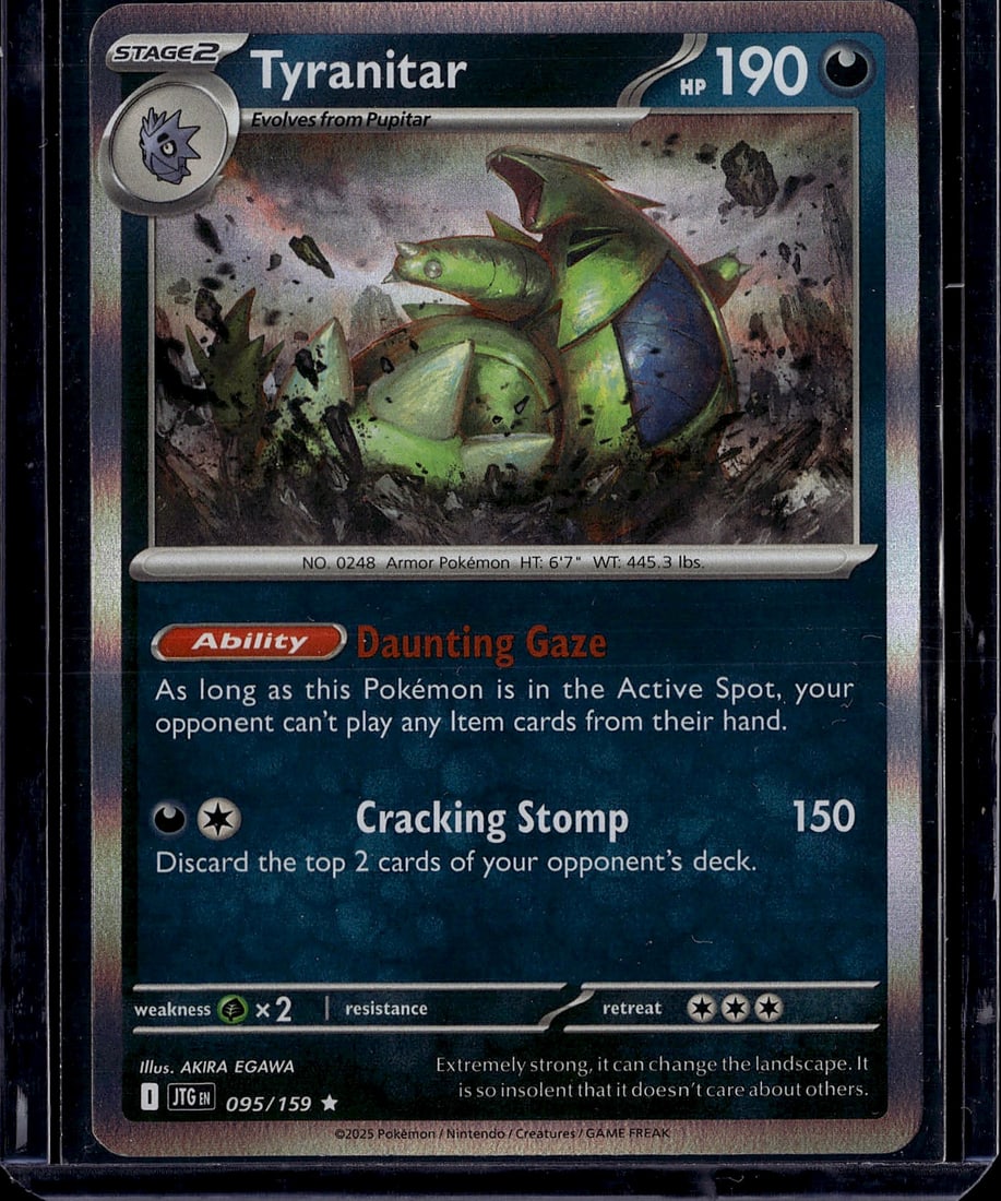 Tyranitar 095/159 Pokemon Scarlet & Violet Stage: This is a raw Tyranitar Stage 2 Pokemon card from the Scarlet & Violet set, card number 095/159. Tyranitar is a powerful Armor-type Pokemon with 190 HP, featuring the ability Daunting Gaze which