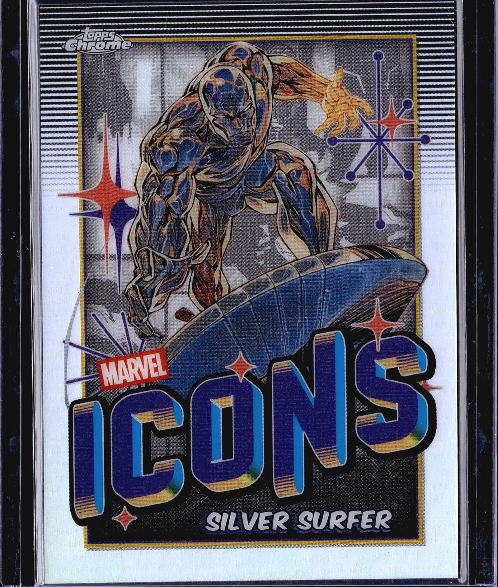 2025 Topps Chrome Marvel Icons Silver Surfer: This is a 2025 Topps Chrome Marvel Icons insert card featuring Silver Surfer, numbered MI-4. The front showcases dynamic artwork of Silver Surfer riding his iconic board, rendered in a chrome finish w