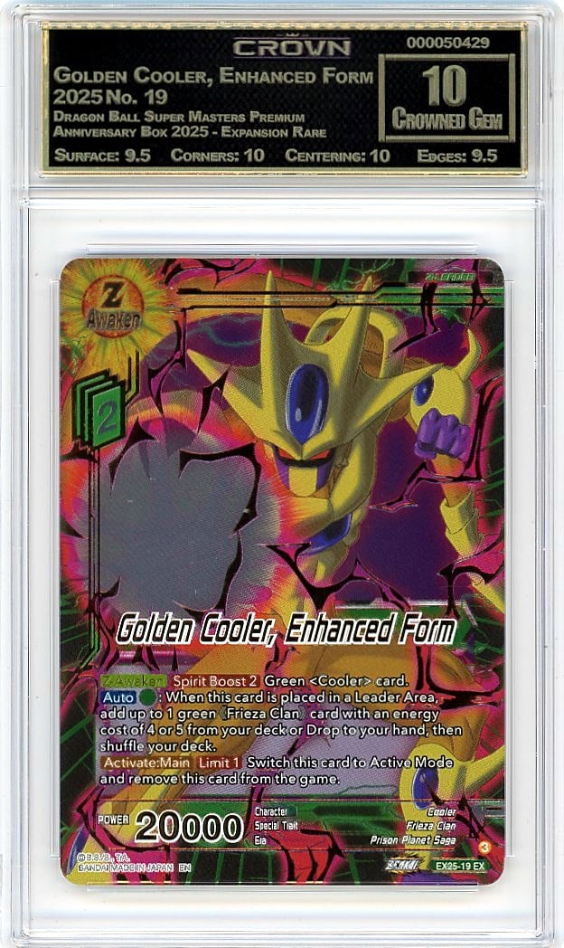 2025 Golden Cooler, Enhanced Form Dragon Ball: This 2025 Golden Cooler, Enhanced Form Dragon Ball Super Masters Premium Anniversary Box 2025 Expansion Rare #19 card has earned a Crown Grade of 10.00, marking it as a premier example of this