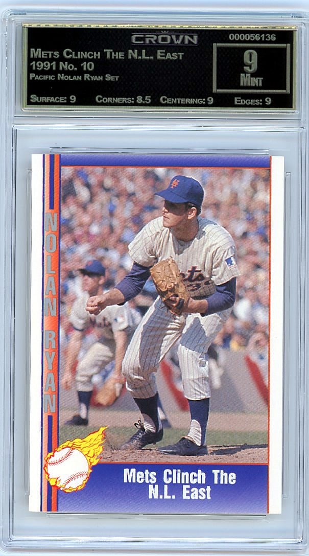 1991 Pacific Nolan Ryan Set #10 Mets Clinch N.L.: This is a 1991 Pacific Nolan Ryan Set card #10 featuring the iconic moment when the Mets clinched the N.L. East. The card commemorates a significant achievement in baseball history, captured in the