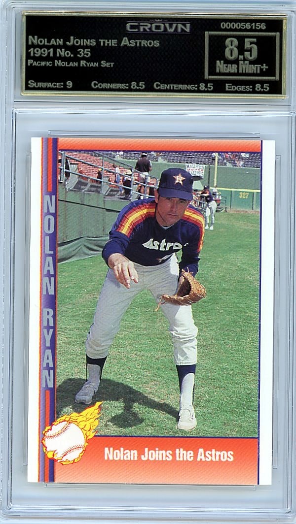 1991 Pacific Nolan Ryan Set Card #35 Nolan Joins: This is a 1991 Pacific Nolan Ryan Set card #35 titled 'Nolan Joins the Astros,' professionally graded and slabbed by Crown at 8.5. The card captures a significant moment in baseball history, featuring