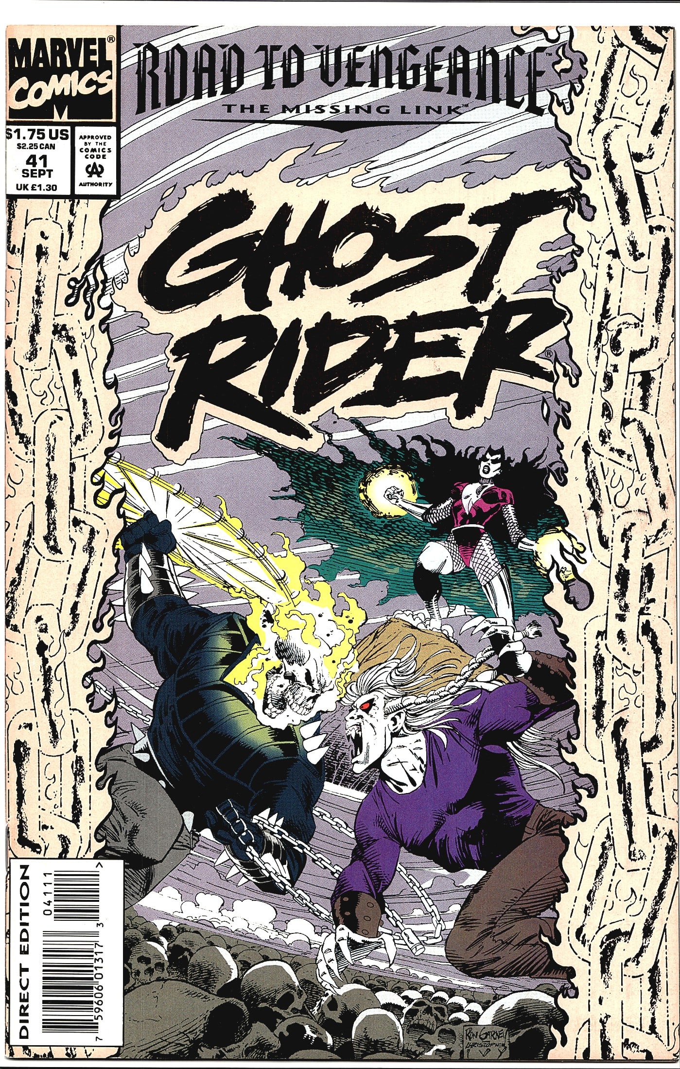 Ghost Rider #41 Marvel Comics 1993 Road to: Ghost Rider #41 from Marvel Comics, published in September 1993, part of the 'Road to Vengeance: The Missing Link' storyline. This direct edition issue is priced at $1.75 US / $2.25 CAN / 1.30 UK and 