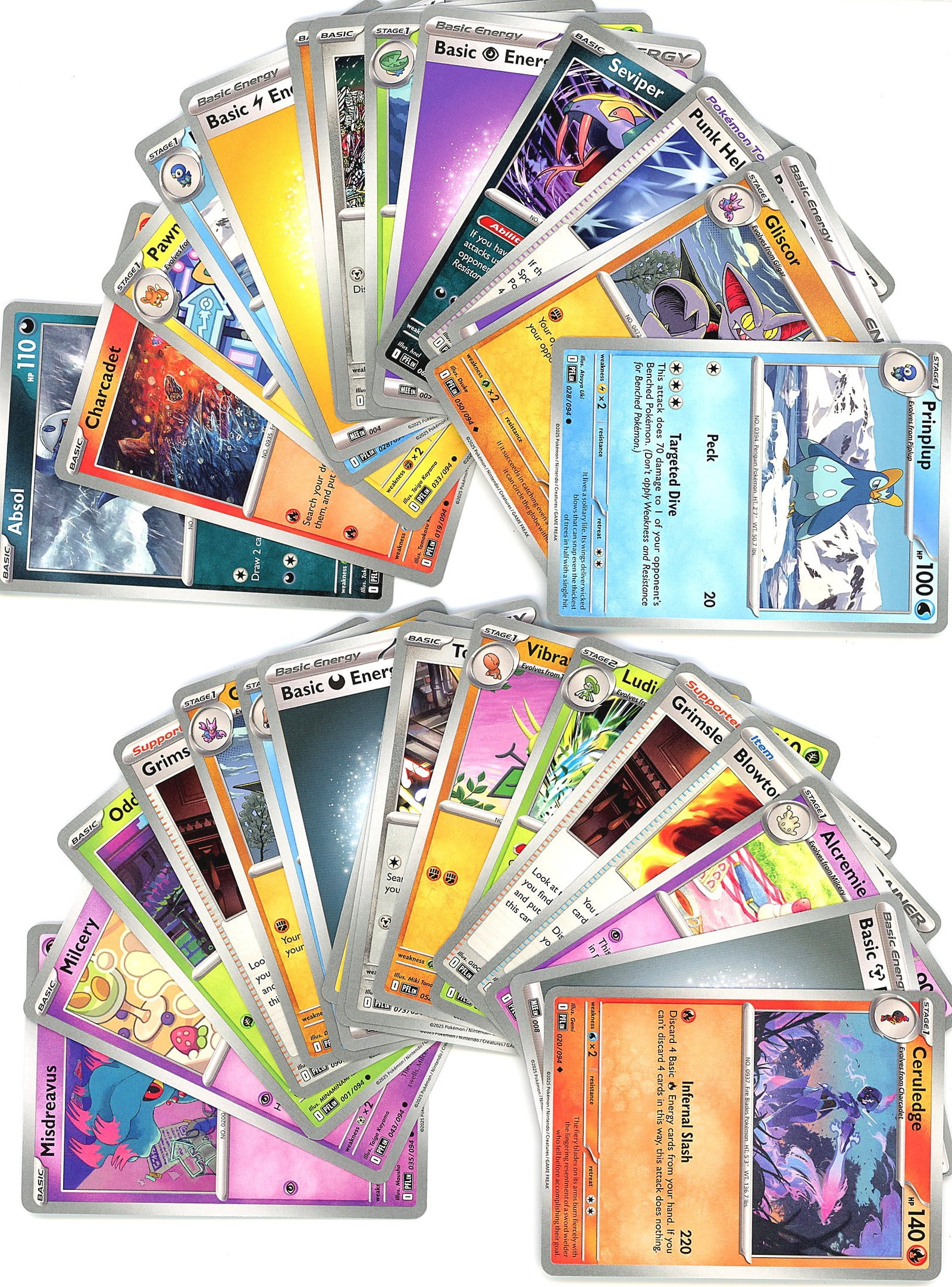 50+ Card Lot Modern Pokemon Trading Cards TCG: This bulk lot contains 50+ modern Pokemon trading cards, featuring a diverse mix of non-holographic cards across multiple sets and eras. The lot includes Trainer cards, Energy cards, and Pokemon from