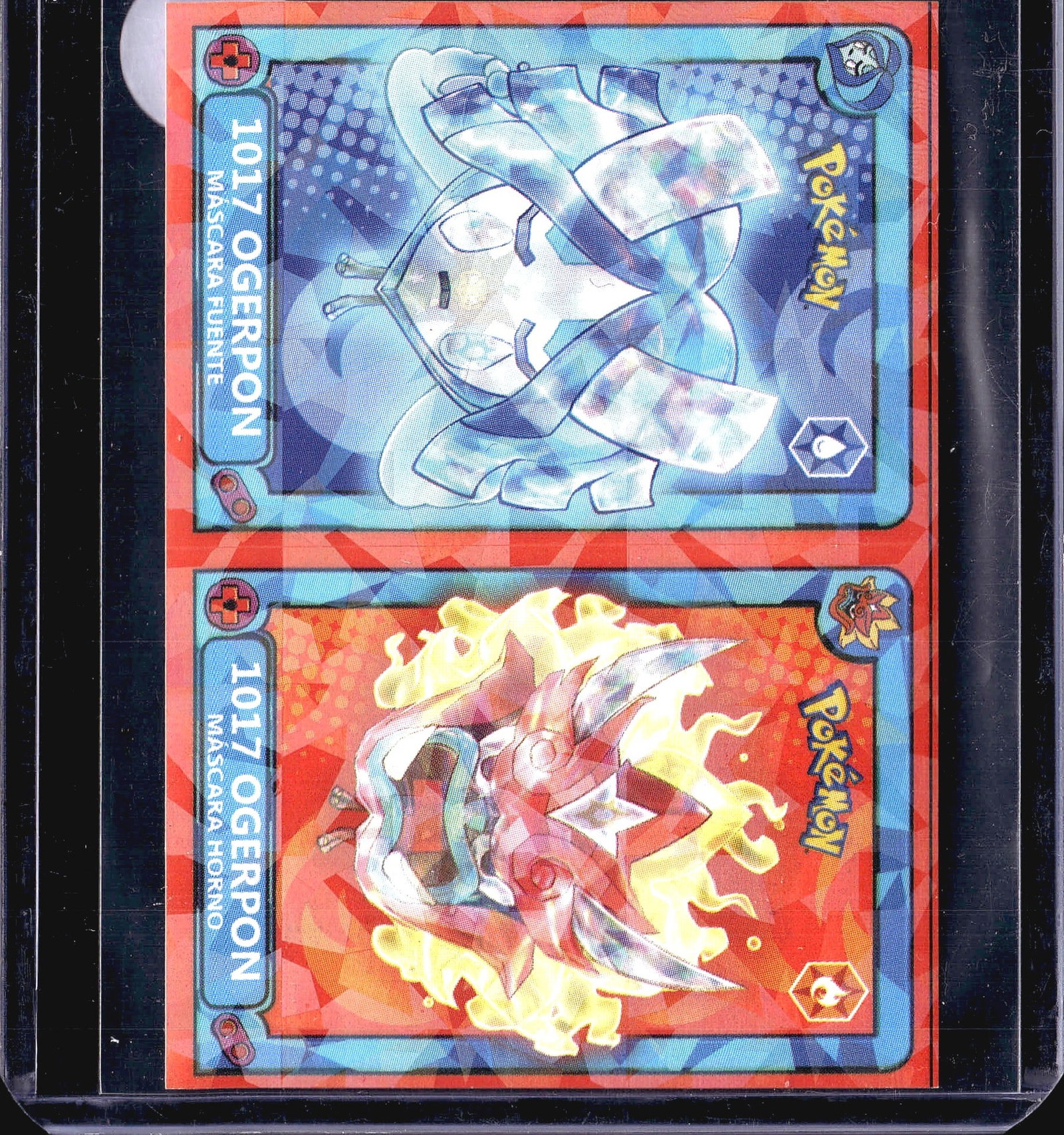2-Card Lot Vintage Pokemon Holo Trading Cards TCG: This lot contains two Pokemon trading cards featuring holographic foil finishes on a red and blue border frame design. The top card displays a white/icy-themed character with multi-panel holographic