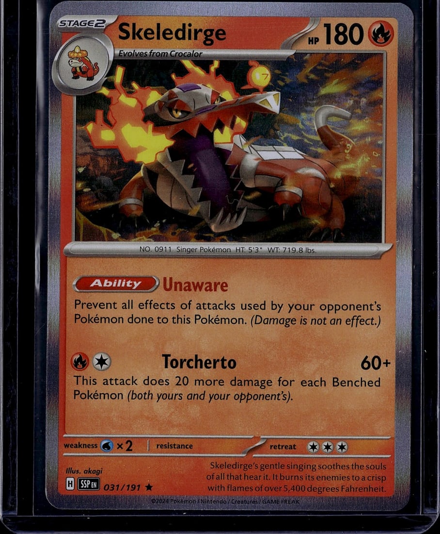 2024 Pokemon Surging Sparks Skeledirge 031/191: This is a Skeledirge Pokemon trading card from the Scarlet & Violet set, card number 031/191. Skeledirge is a Stage 2 Fire-type Pokemon with 180 HP that evolves from Crocalor. The card features vibran