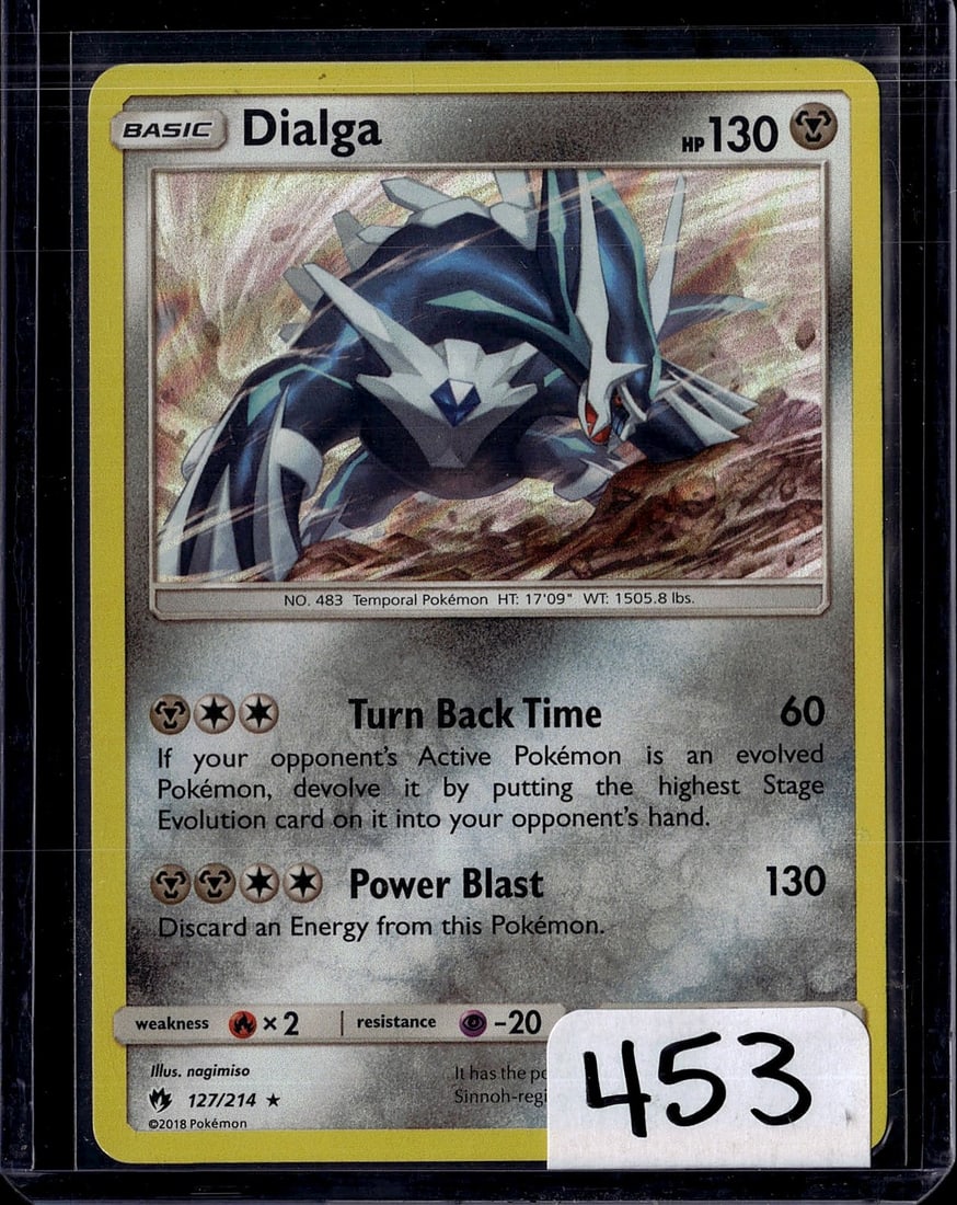 2018 Pokemon Sun & Moon Lost Thunder Dialga: Dialga is a Basic Metal-type Pokemon card from the Sun & Moon: Lost Thunder expansion (set code SM8), released November 2, 2018. Numbered 127/214, it is a Holo Rare with 130 HP. Its attacks include