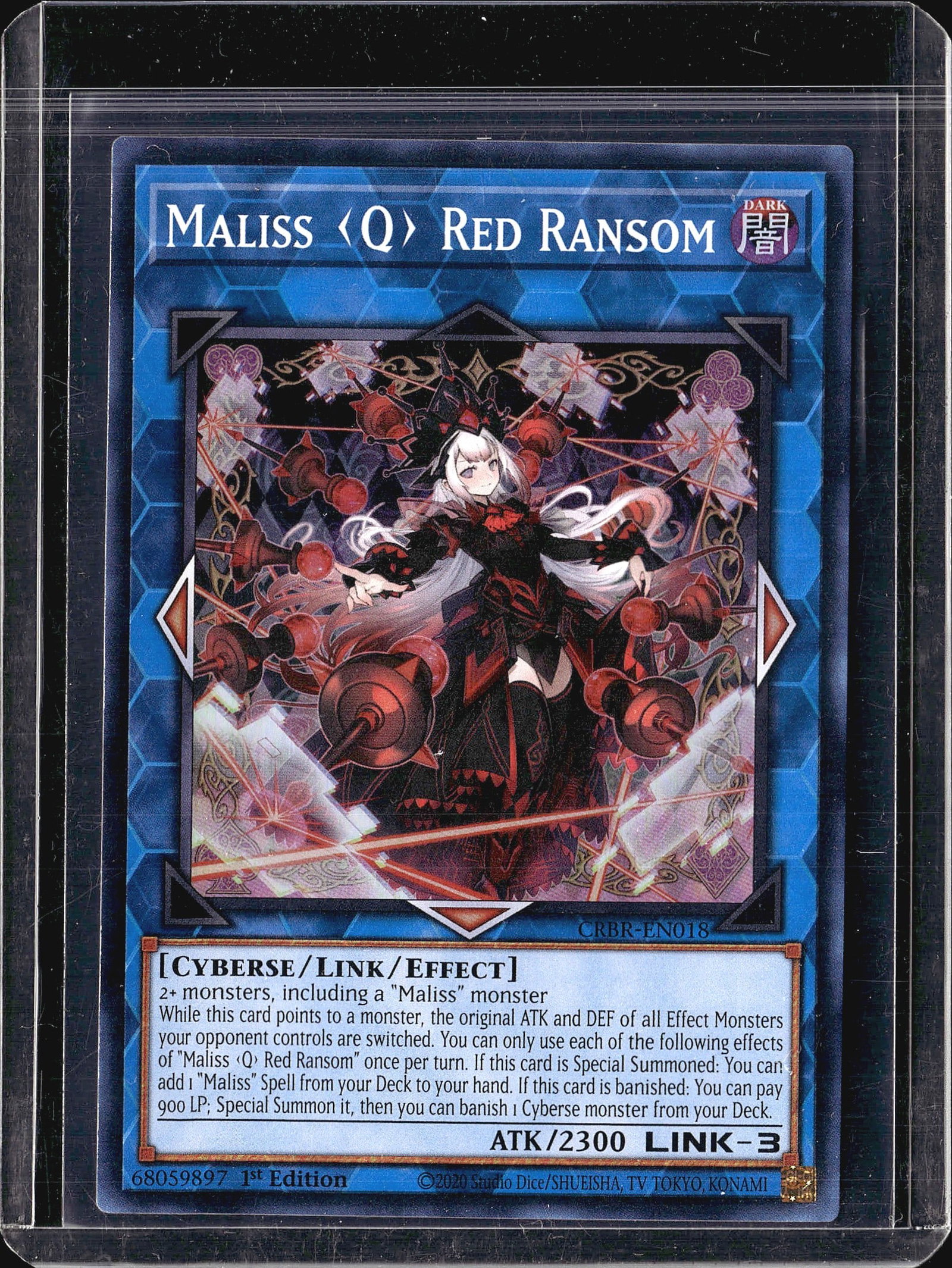 2020 Konami Crossover Breakers CRBR-EN018 Maliss: This listing features Maliss Q Red Ransom, a Cyberse/Link/Effect Monster from the Yu-Gi-Oh! Trading Card Game, card number CRBR-EN018 from the Cyberstorm Access set. The card is a 1st Edition
