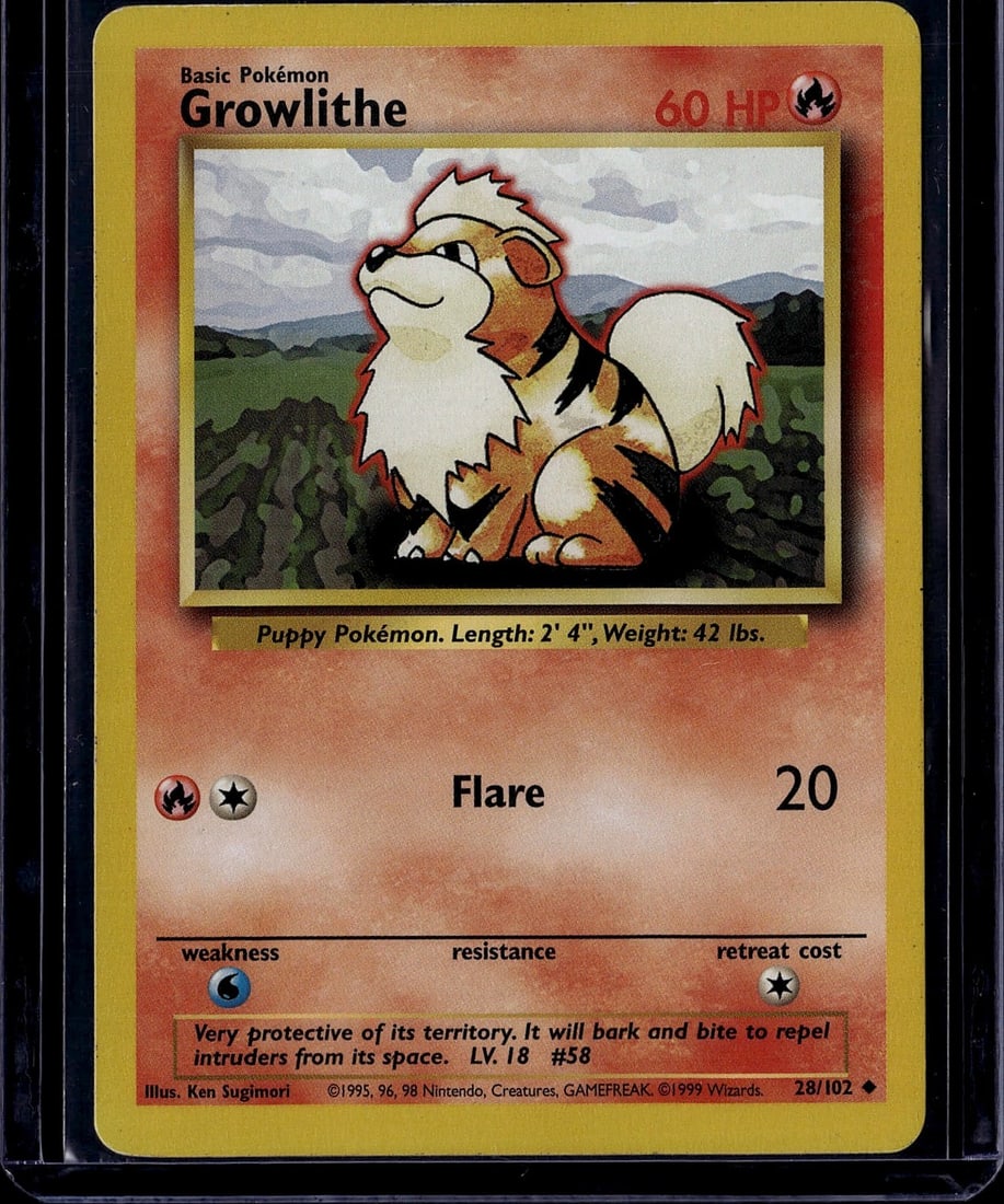 1999 Wizards Growlithe Pokemon Base Set 28/102: This is an authentic 1999 Growlithe Pokemon Trading Card from the original Base Set, card number 28/102. Published by Wizards of the Coast and illustrated by Ken Sugimori, this Basic Fire-type