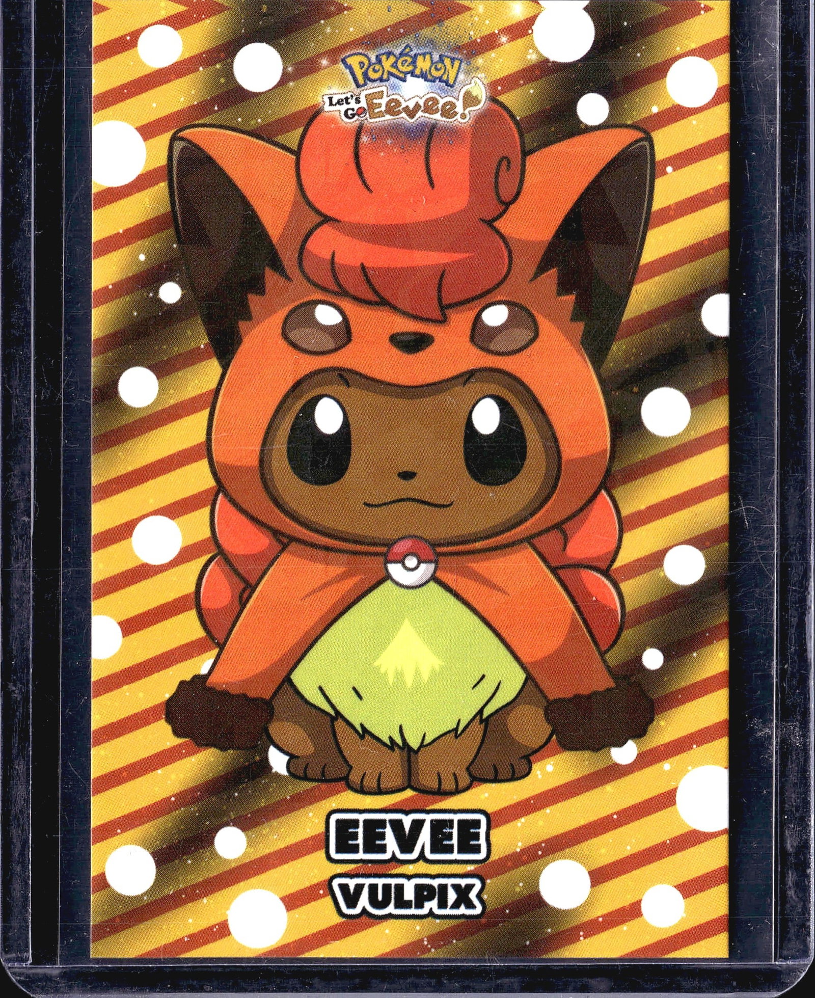 Pokemon Let's Go Eevee Vulpix Single Card TCG: This is a Pokemon trading card featuring artwork of a character in Eevee costume from the Pokemon Let's Go Eevee game line. The card displays a vibrant gold and red striped background with white polka