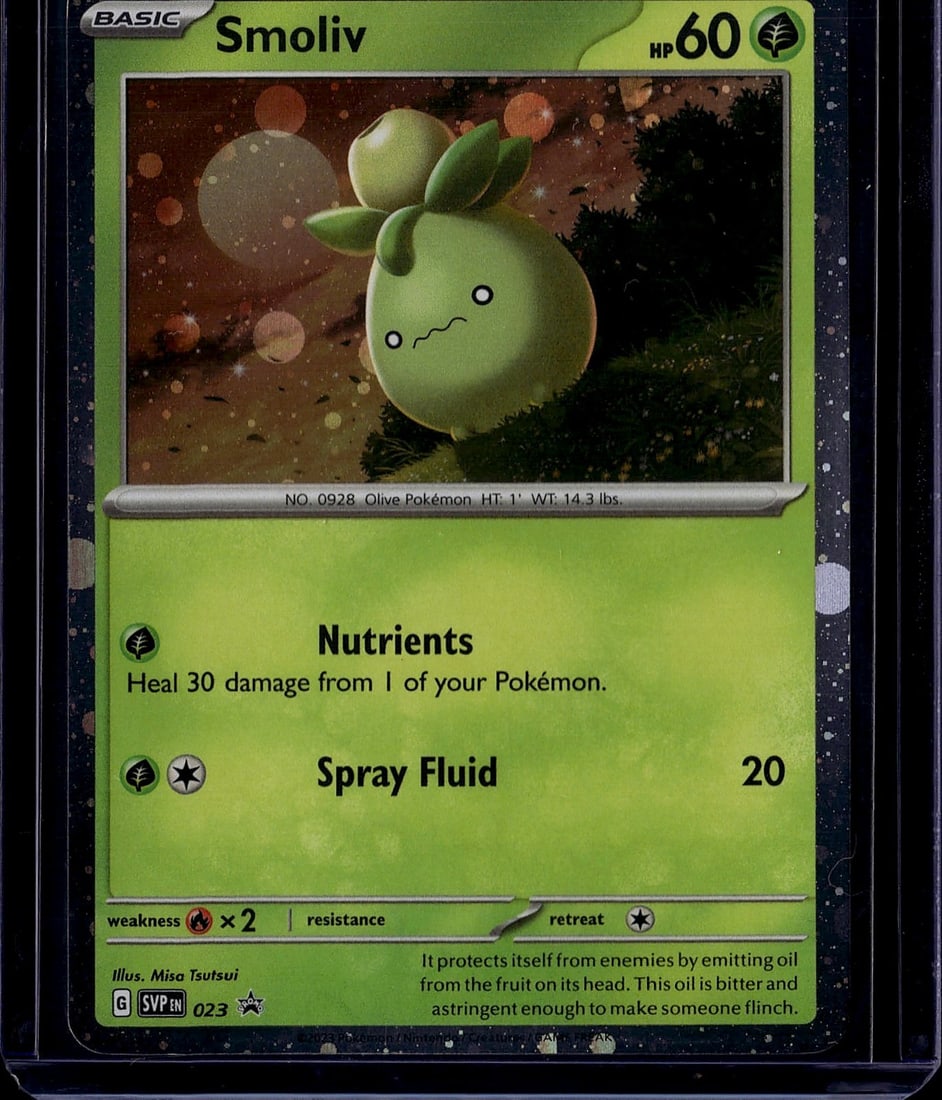 Smoliv #0928 Scarlet Violet Pokemon Card - Basic: This is a raw Smoliv Pokemon trading card from the Scarlet & Violet expansion set. The card features the Olive Pokemon (No. 0928), a Basic Grass-type with 60 HP. The illustration by Misa Tsutsui