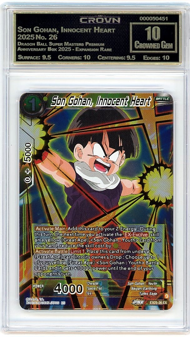 2025 Son Gohan Innocent Heart #26 Crown Gem 10: This is a 2025 Son Gohan, Innocent Heart card #26 from the Dragon Ball Super Masters Premium Anniversary Box 2025 - Expansion Rare set. The card captures a key character moment in premium condition, r
