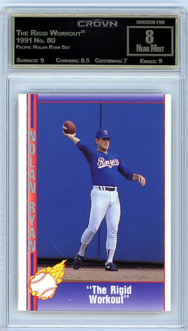 1991 Pacific Nolan Ryan Set #80 "The Rigid: This is a 1991 Pacific Nolan Ryan Set card #80 featuring "The Rigid Workout." It's a professionally graded slab that captures a significant piece of Ryan memorabilia from this classic set. The card