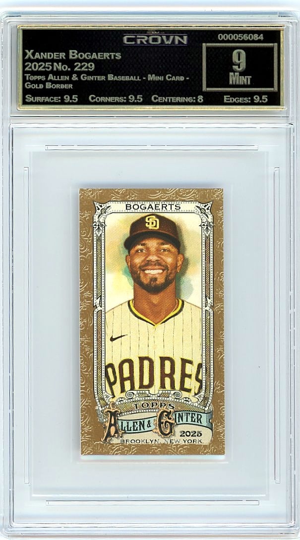 2025 Xander Bogaerts Topps Allen & Ginter Mini: This is a 2025 Xander Bogaerts card from the Topps Allen & Ginter Baseball Mini Card Gold Border set, card number 229. The Allen & Ginter line is known for its classic design and collectible appeal, m