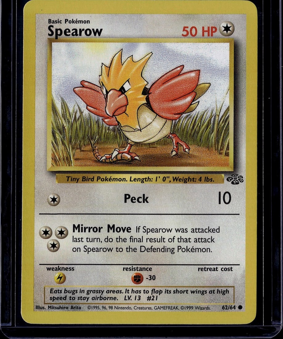 1999 Pokemon Base Set Spearow #62/64 Card - Tiny: This is a raw 1999 Pokemon Base Set Spearow card #62/64, featuring the iconic Tiny Bird Pokemon illustrated by Mitsuhiro Arita. The card displays Spearow's characteristic orange and yellow plumage