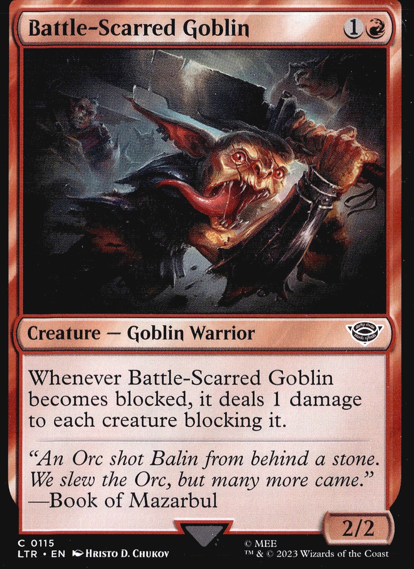 2023 Wizards of the Coast Lord of the Rings: This listing features Battle-Scarred Goblin, card number 0115 from Magic: The Gathering's 2023 set The Lord of the Rings: Tales of Middle-earth (set code LTR). It is a Common-rarity Creature - Goblin
