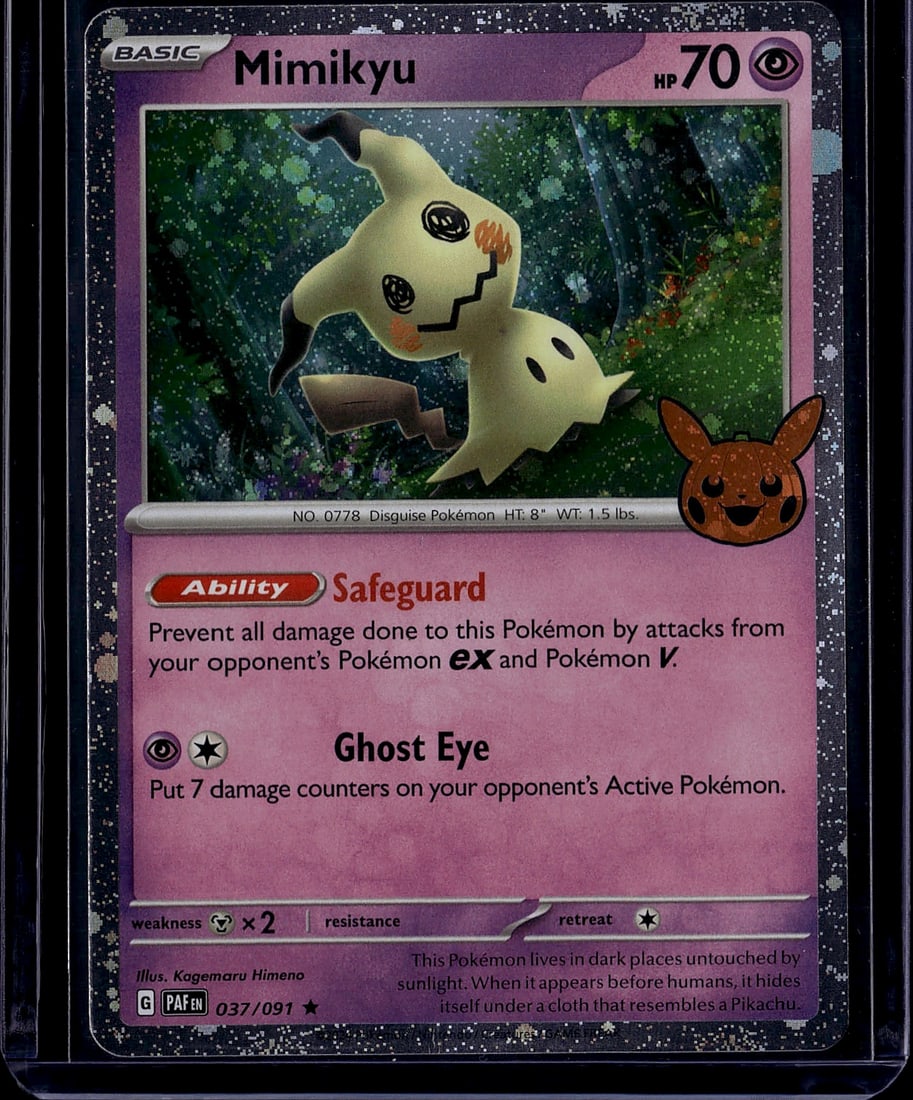 Mimikyu 037/091 Scarlet Violet Pokemon Card: This is a Mimikyu Basic Pokemon card from The Pokemon Company's Scarlet & Violet set, card number 037/091. Mimikyu is a Psychic-type Pokemon with 70 HP, illustrated by Kagemaru Himeno. The card