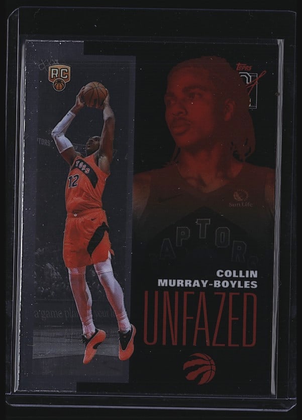 2025 Topps Signature Class Unfazed FAZE-19: 2025 Topps Unfazed FAZE-19 Collin Murray-Boyles raw basketball card featuring the Toronto Raptors rookie. Card showcases Murray-Boyles in action wearing a red Raptors uniform. The Unfazed set