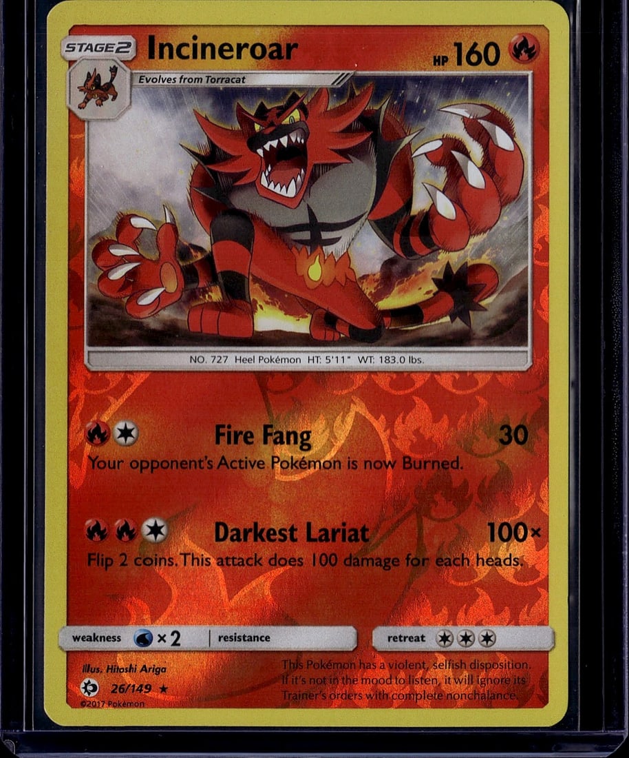 2017 Pokemon Incineroar Burning Shadows 26/149: This is a 2017 Pokemon Trading Card Game card featuring Incineroar, a Stage 2 Fire-type Pokemon from the Burning Shadows set. Card number 26/149. The card displays excellent centering and vibrant