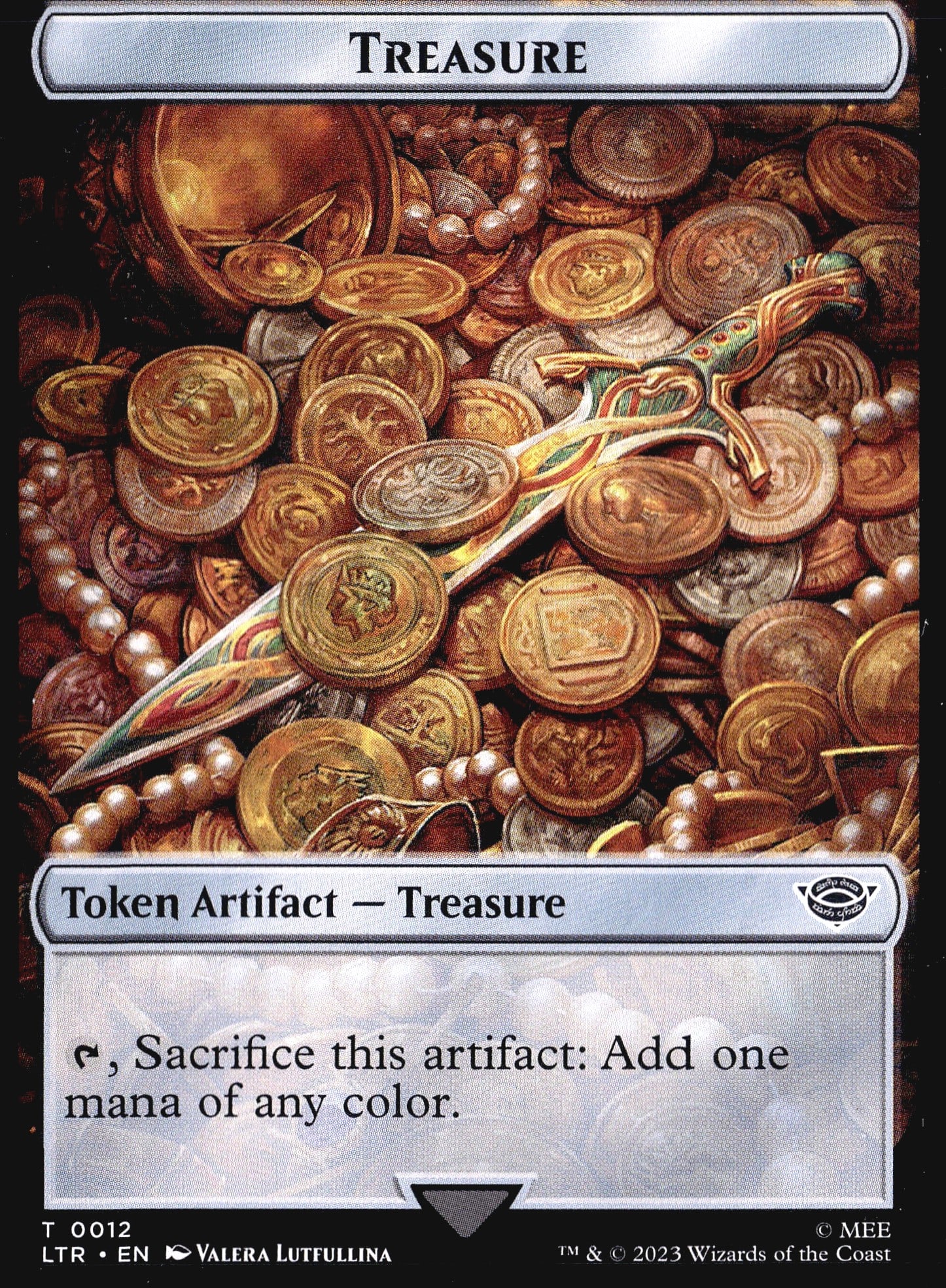 2023 Wizards of the Coast Lord of the Rings: This is the Treasure Token (T 0012) from the 2023 Magic: The Gathering set Tales of Middle-earth (LTR), a Lord of the Rings crossover expansion published by Wizards of the Coast. The card is a Token