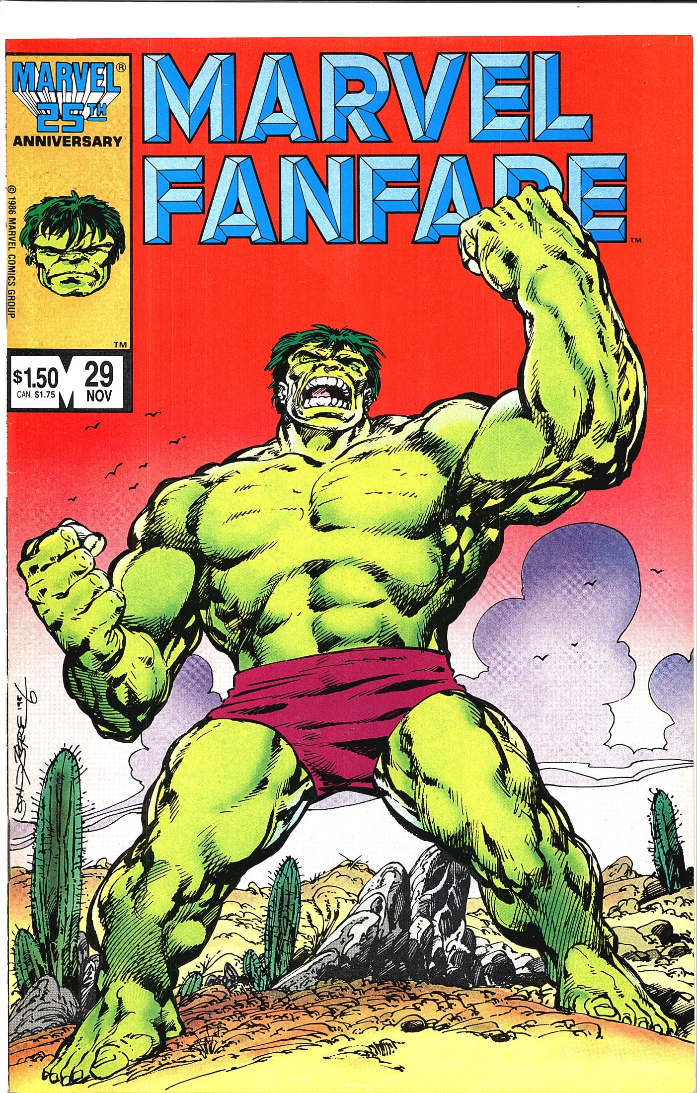 Marvel Fanfare #29 (1986) Hulk Cover Marvel 25th: Marvel Fanfare #29, published November 1986 by Marvel Comics Group, featuring a striking cover of the Incredible Hulk in a desert setting surrounded by cacti against a red sky. This issue is part of M