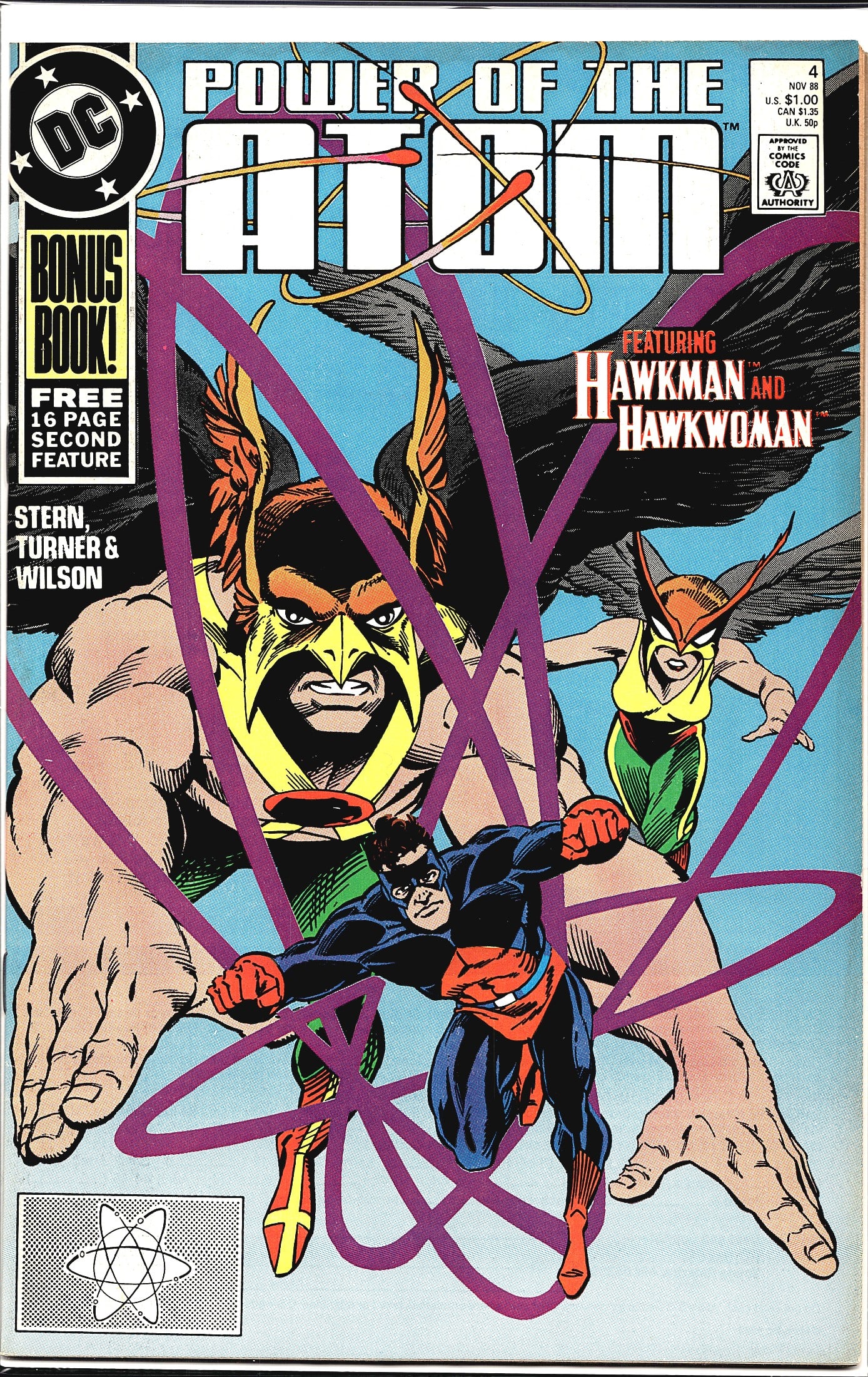 1988 DC Power of the Atom #4 Comic Book: Power of the Atom #4, published by DC Comics in November 1988, featuring Hawkman and Hawkwoman as guest stars. This issue is written and illustrated by Stern, Turner, and Wilson. The cover showcases