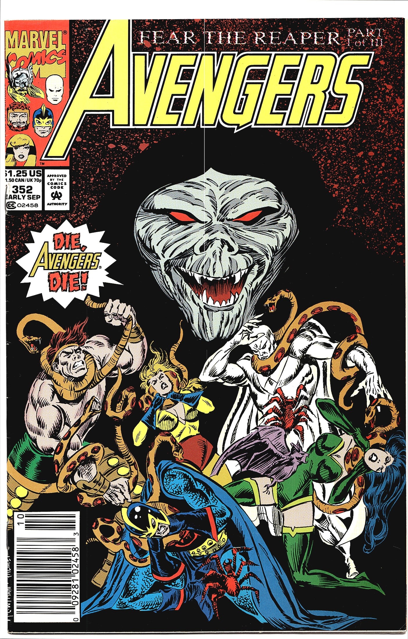 Avengers #352 Marvel Comics 1992 Fear The Reaper: Avengers #352 from Marvel Comics, published in Early September 1992, priced at $1.25 US / $1.50 CAN / 70p UK. This issue begins the 'Fear The Reaper' story arc, Part 1 of III, featuring a dramatic cov