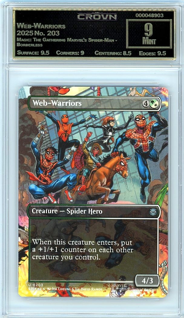 2025 Web-Warriors Magic: The Gathering Marvel's: This 2025 Web-Warriors Magic: The Gathering Marvel's Spider-Man borderless card in Crown Grade 9.00 is a premium collectible from one of the year's most sought-after crossover sets. The Web-Warriors M