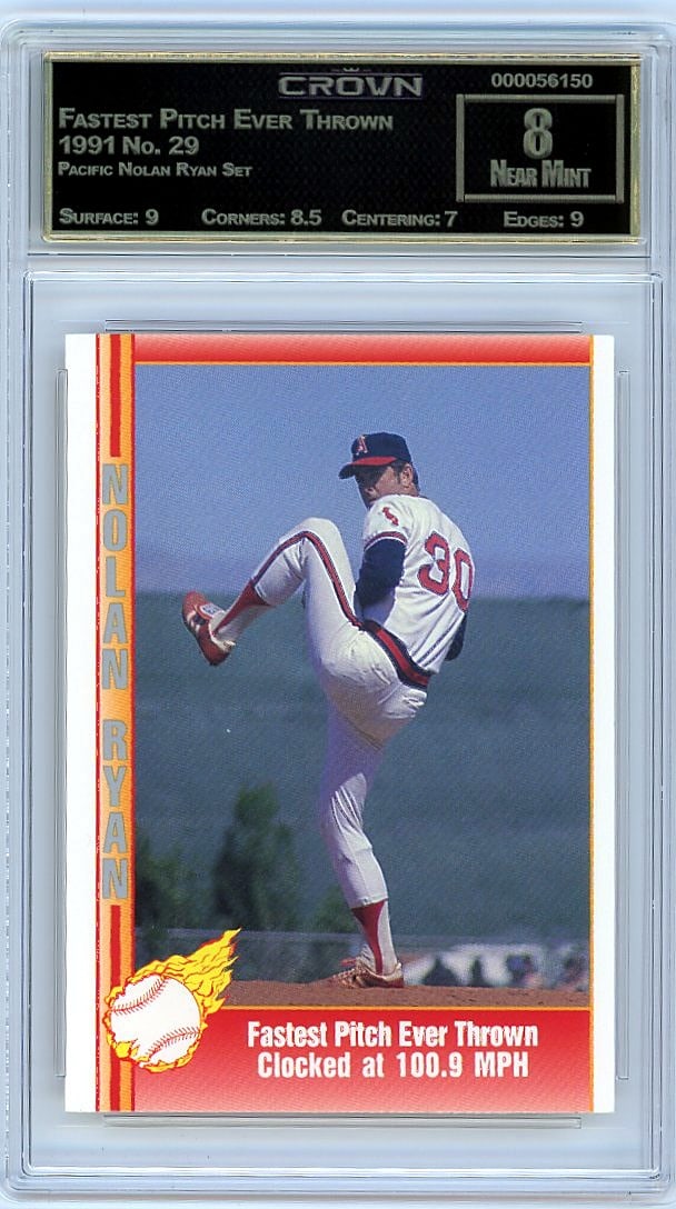 1991 Pacific Nolan Ryan Set #29 Crown Graded 8: This is a 1991 Pacific Nolan Ryan Set card #29, professionally graded and authenticated by Crown. The card features content from the Pacific Nolan Ryan Set, a collectible release from that era