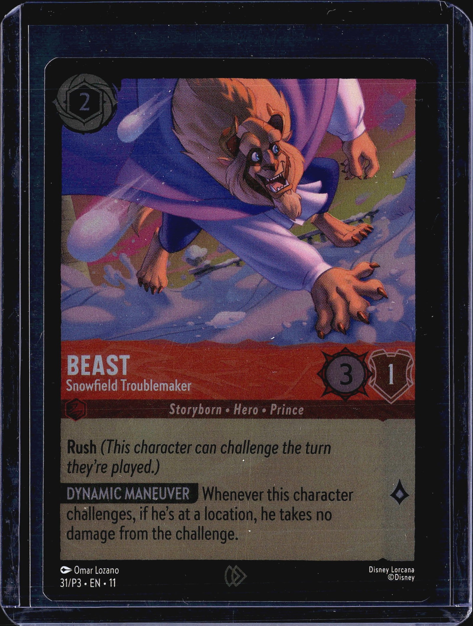 2024 Disney Lorcana Promo Cards Beast 31/P3 Foil: This listing features Beast - Snowfield Troublemaker, card number 31/P3 from Disney Lorcana, illustrated by Omar Lozano. The card is an English-language promo release (set code P3) from Disney