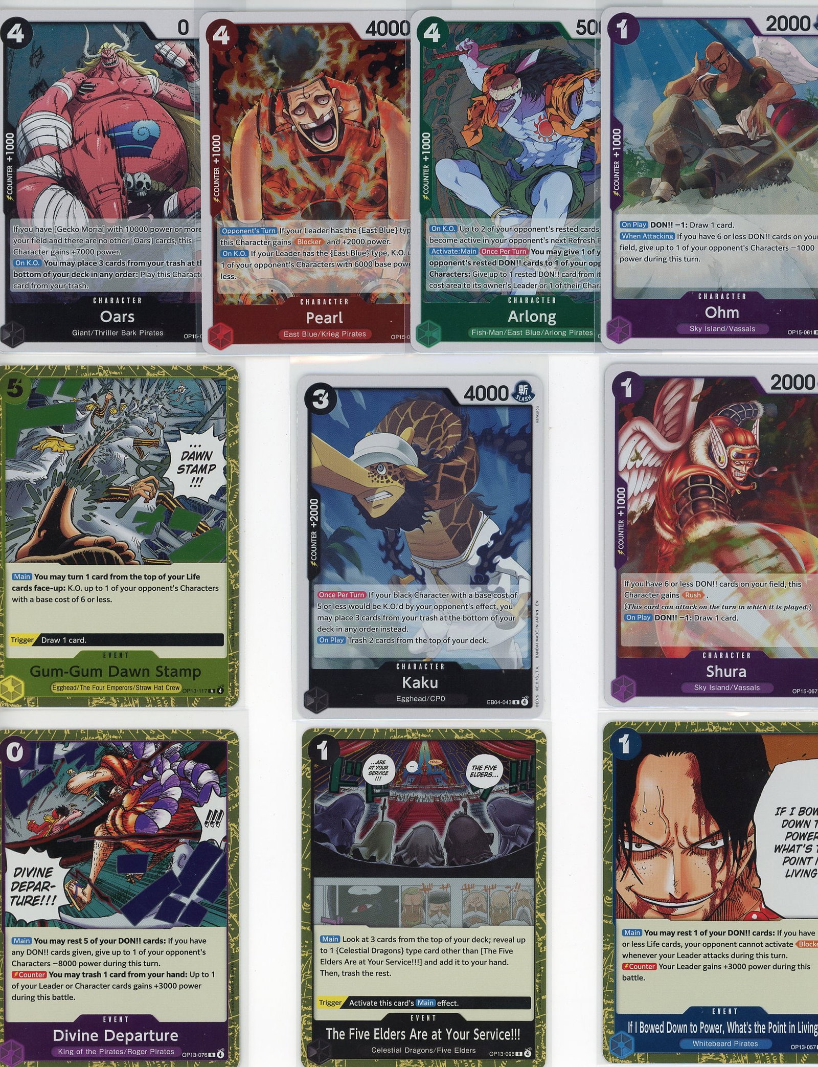 Lot of 10 One Piece Foil Trading Cards - Oars: This lot contains 10 foil cards from the Bandai One Piece Trading Card Game, featuring iconic characters and events from the anime and manga series. The collection includes character cards such as