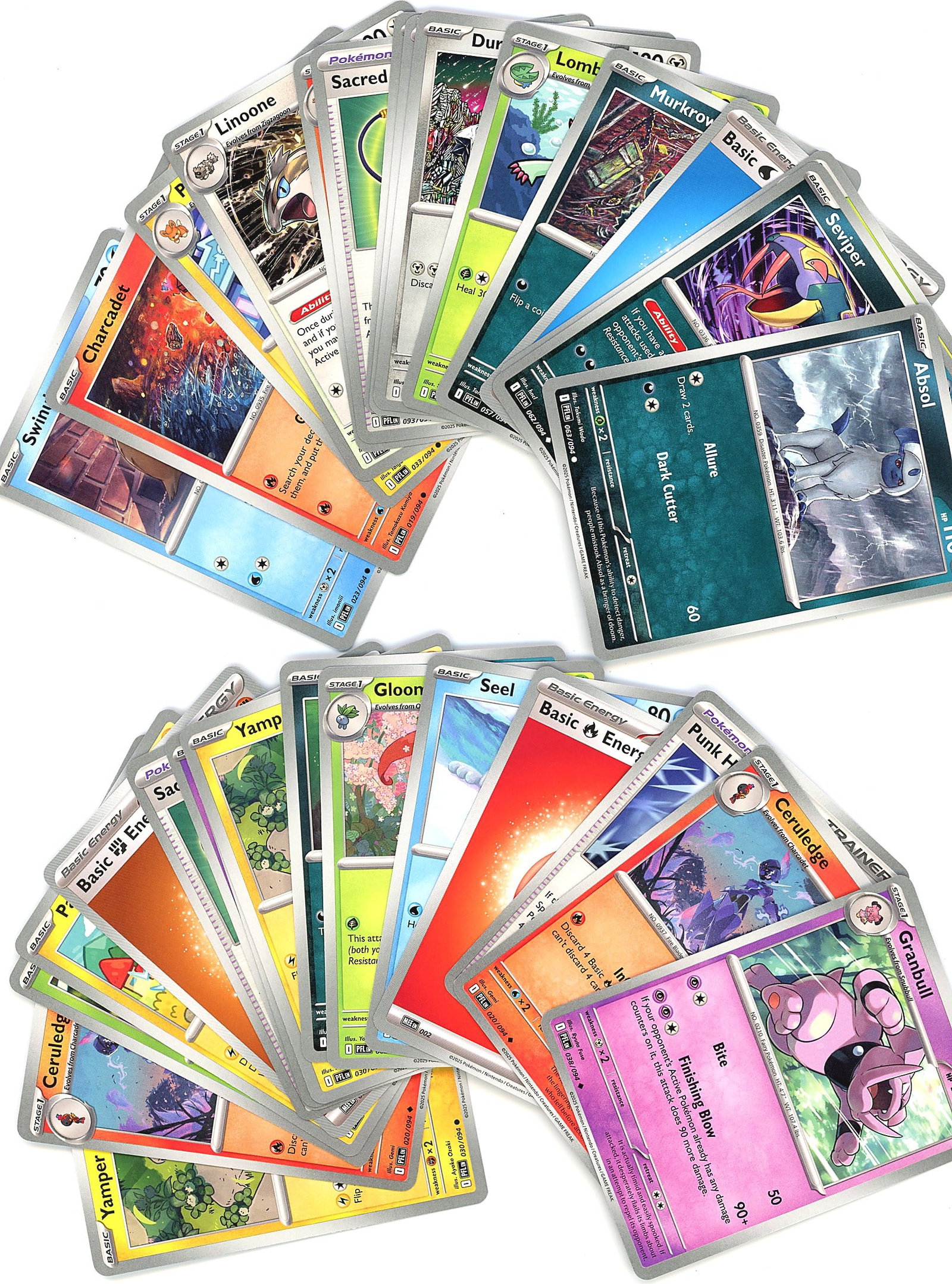 50+ Card Lot Modern Pokemon Trading Cards TCG: Large bulk lot of modern Pokemon trading cards featuring non-holographic finishes. The collection includes various creatures and trainer cards across multiple sets and generations, visible in the spre